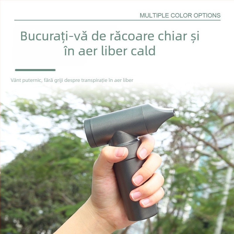 Ventilator manual de înaltă viteză pentru camping, motor brushless, baterie încorporată 1000–1200 mAh, USB, 3 trepte, zgomot 36–45 dB