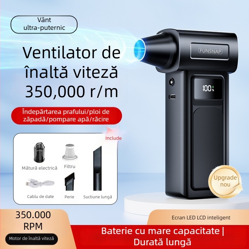 Ventilator de mână cu turbină, 4 viteze, motor brushless, baterie încorporată 2000–4000 mAh, zgomot 36–45 dB