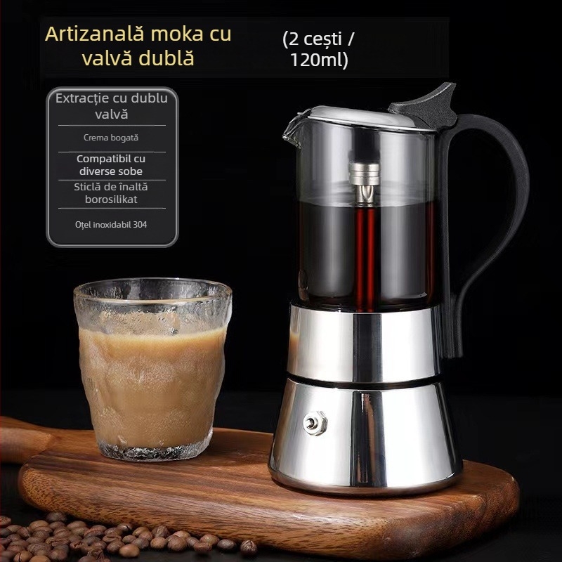 Moka italiană cu corp din sticlă borosilicată, ventile duble, construcție din oțel inoxidabil, extracția cafelei