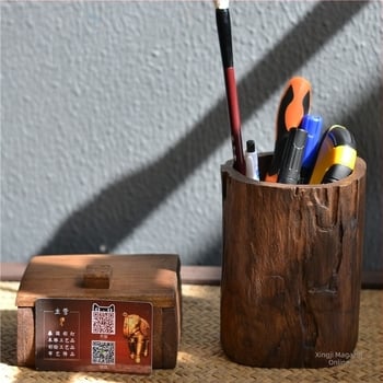 Suport pentru pixuri din lemn, rotund, model T096, decor retro pentru birou acasă, cadou pentru mutare și Crăciun.