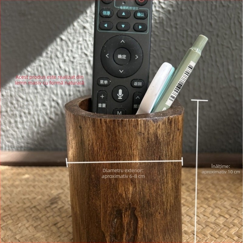 Suport pentru pixuri din lemn, rotund, model T096, decor retro pentru birou acasă, cadou pentru mutare și Crăciun.