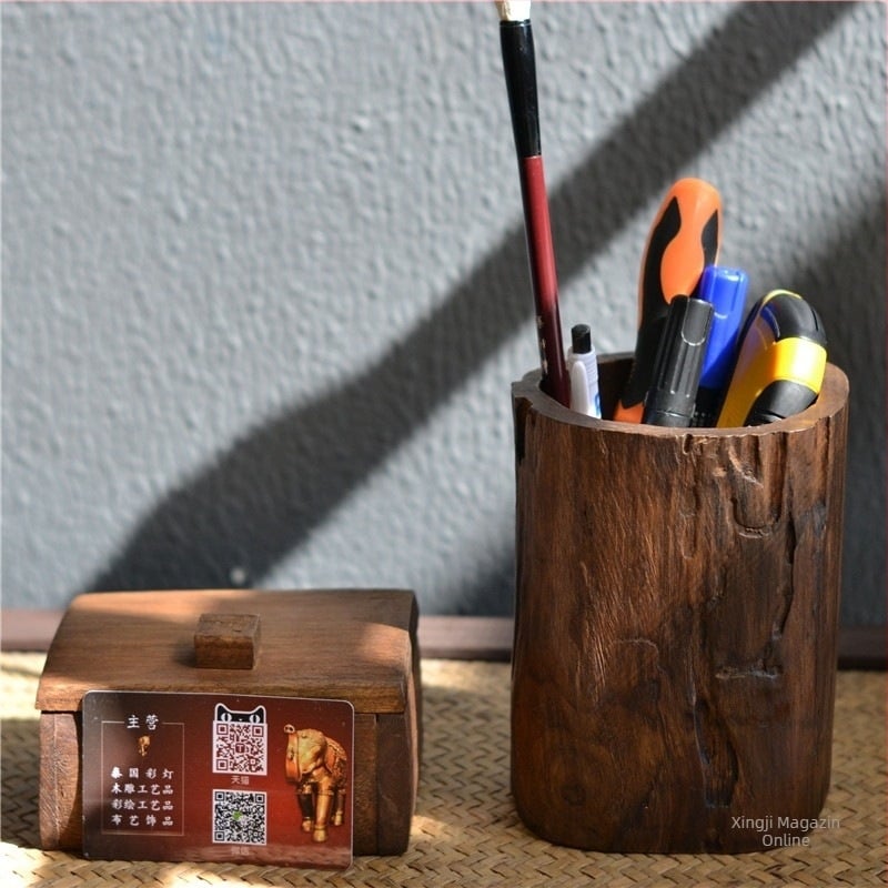 Suport pentru pixuri din lemn, rotund, model T096, decor retro pentru birou acasă, cadou pentru mutare și Crăciun.