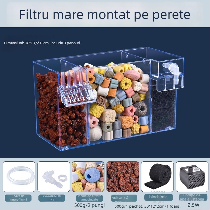 Filtru pentru acvariu montat pe perete, filtrație trei în unu, oxigenare și susținerea bacteriilor benefice, funcționare silențioasă, greutate 1 kg