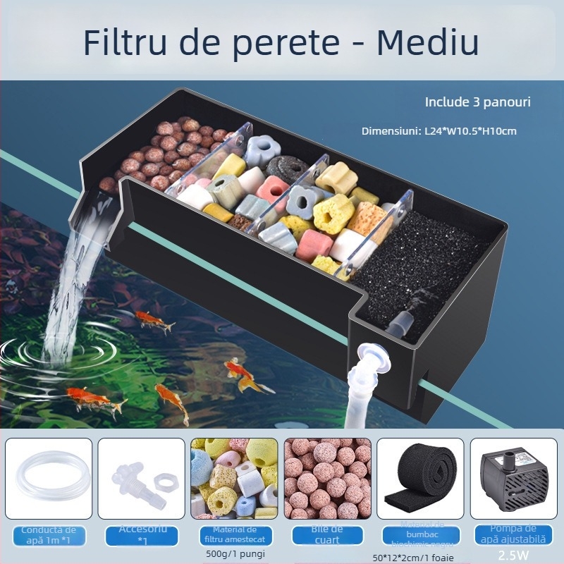 Filtru pentru acvariu montat pe perete, filtrație trei în unu, oxigenare și susținerea bacteriilor benefice, funcționare silențioasă, greutate 1 kg