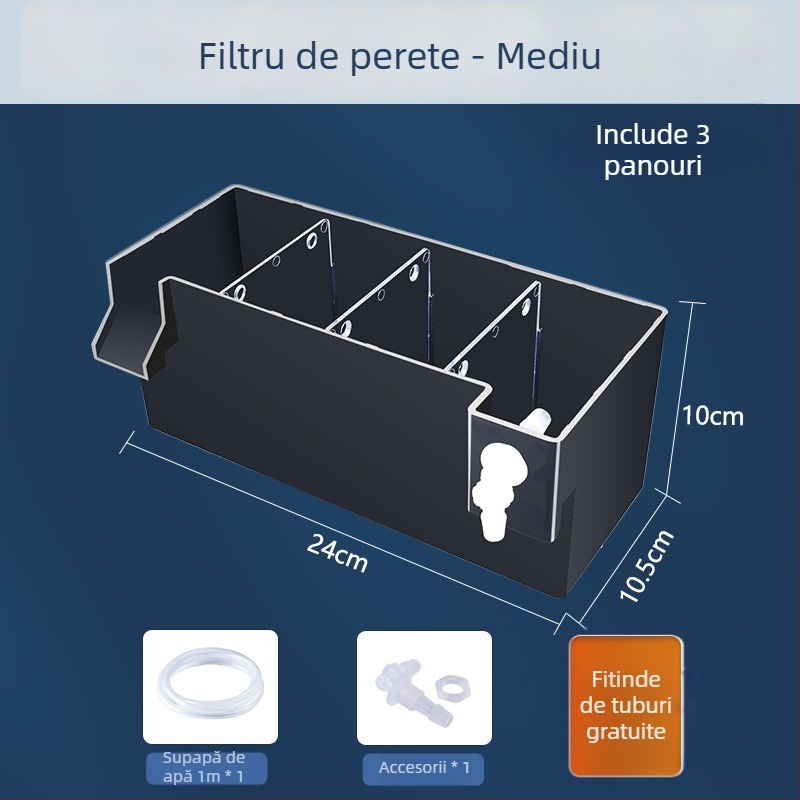 Filtru pentru acvariu montat pe perete, filtrație trei în unu, oxigenare și susținerea bacteriilor benefice, funcționare silențioasă, greutate 1 kg