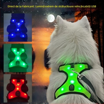 Ham de piept pentru câine – din plasă textilă, încărcare USB, LED de vizibilitate nocturnă, extensibil