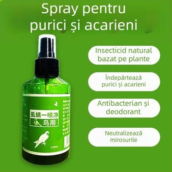 Spray extern pentru insecte la păsări; pentru papagali și porumbei de competiție; combate puricii de pene, acarieni și paraziți.