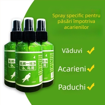 Spray extern pentru insecte la păsări; pentru papagali și porumbei de competiție; combate puricii de pene, acarieni și paraziți.