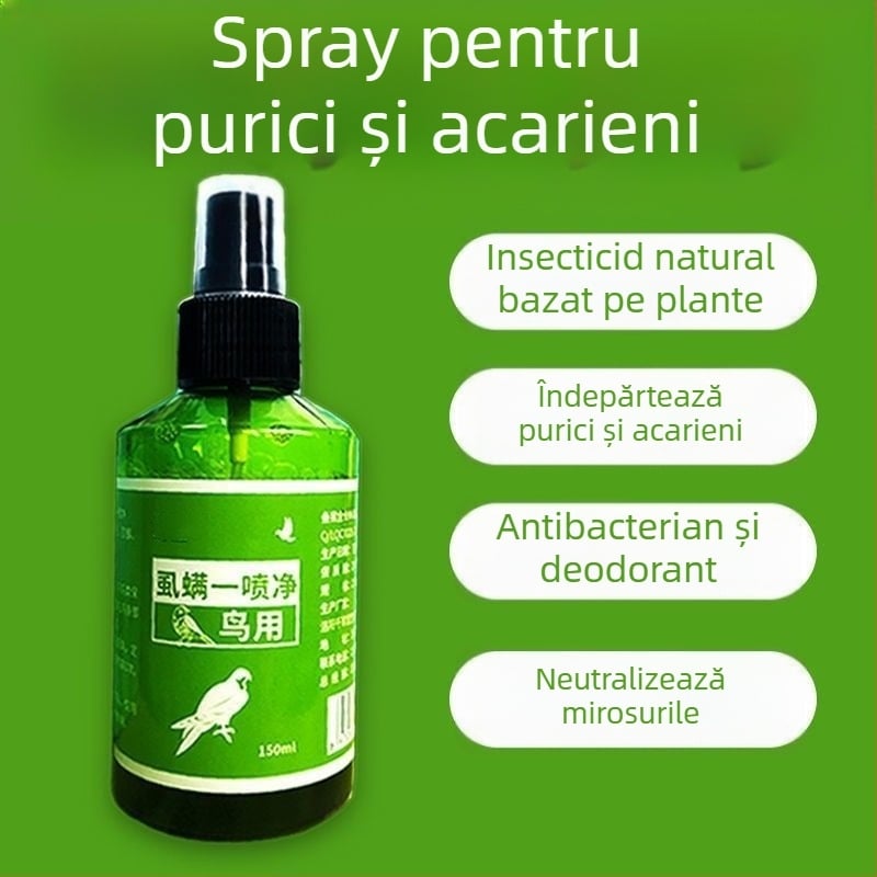 Spray extern pentru insecte la păsări; pentru papagali și porumbei de competiție; combate puricii de pene, acarieni și paraziți.