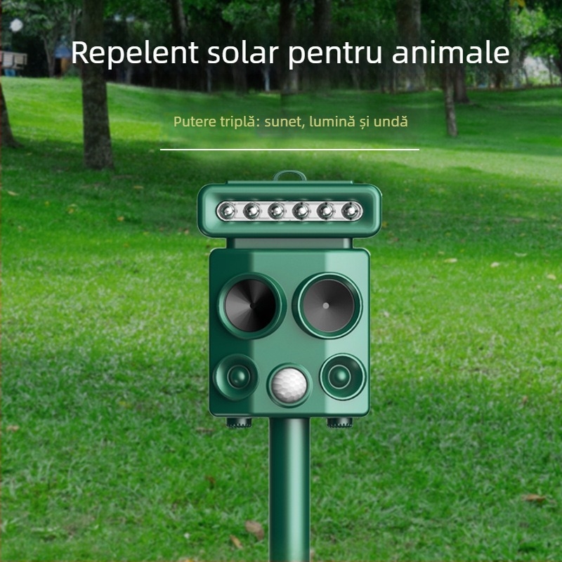 Aparat exterior ultrasonic cu energie solară, cu lumini intermitente, pentru respingerea păsărilor și a animalelor sălbatice