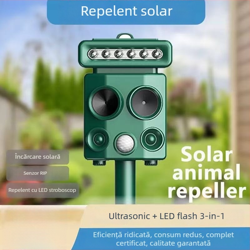 Aparat exterior ultrasonic cu energie solară, cu lumini intermitente, pentru respingerea păsărilor și a animalelor sălbatice