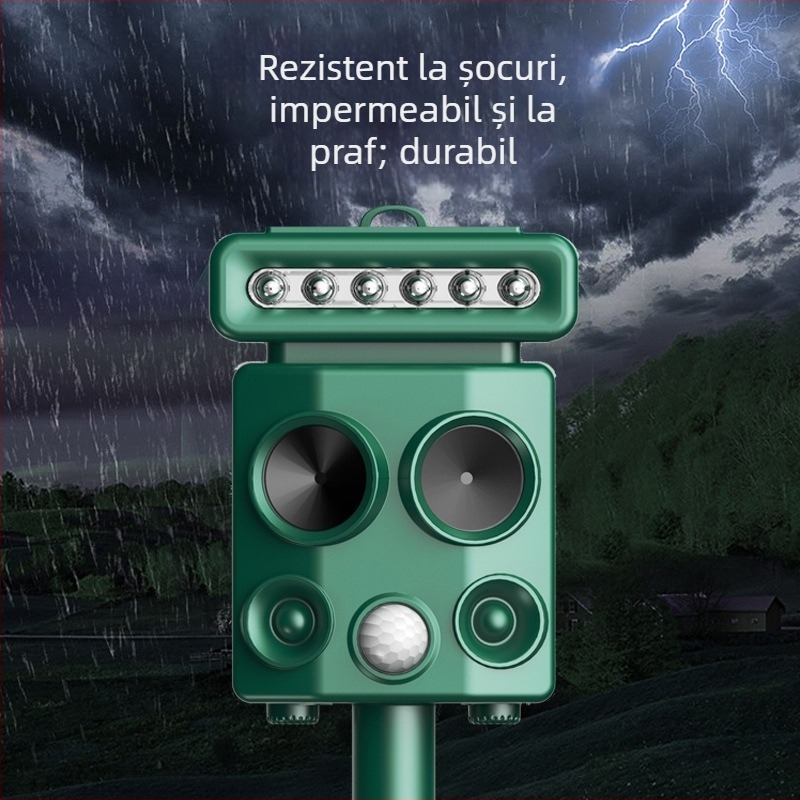Aparat exterior ultrasonic cu energie solară, cu lumini intermitente, pentru respingerea păsărilor și a animalelor sălbatice