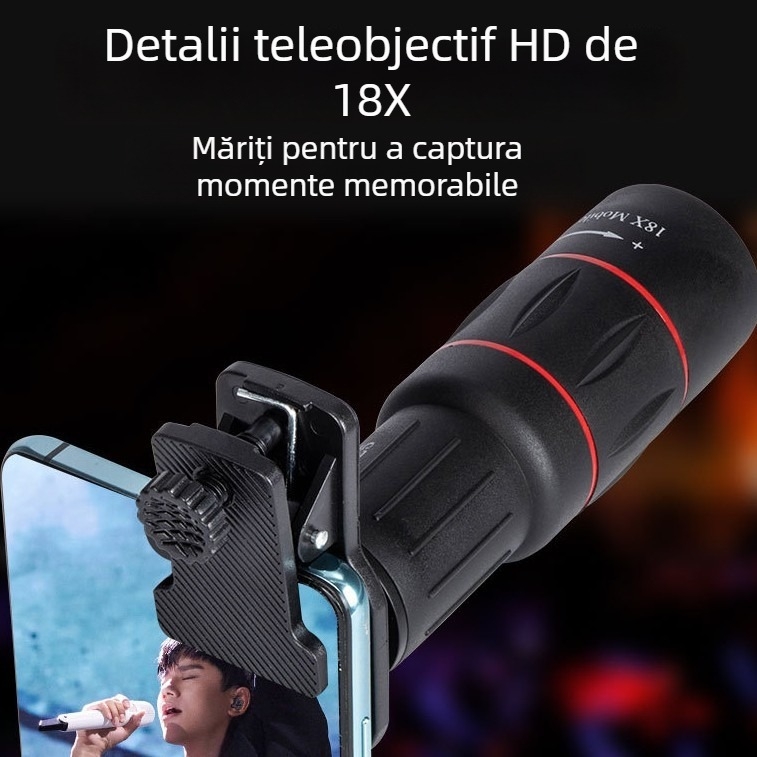 Teleskop monocular pentru telefoane, model 18X25, compatibil cu majoritatea telefoanelor, optic HD