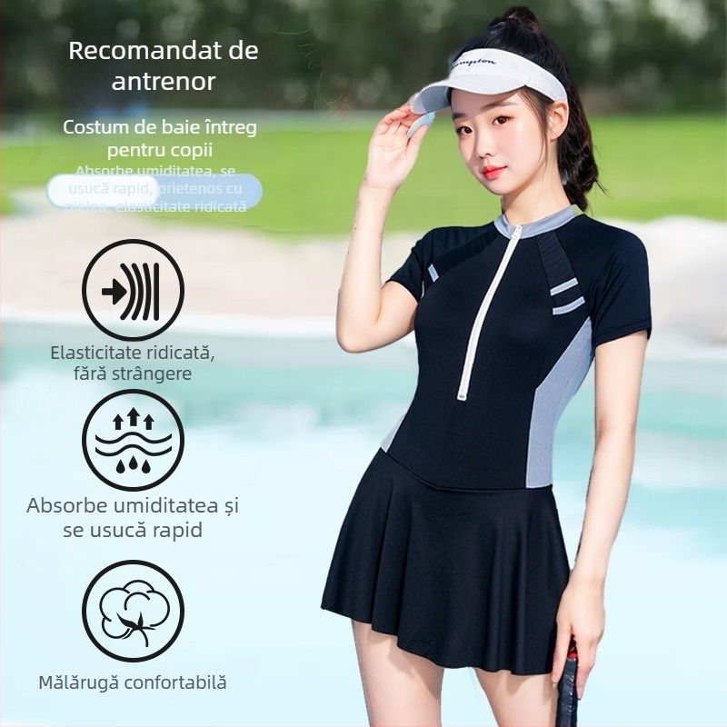 Costum de baie întreg cu design stil fustă, talie înaltă, burete bust detașabil, fermoar anti-încurcare