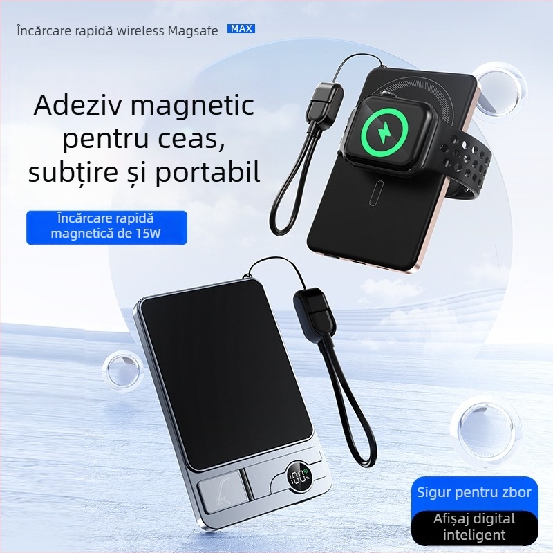 Baterie externă portabilă cu încărcare wireless magnetică, design 3 în 1, ultra-subțire (încărcare rapidă 22.5W; capacitate nominală 6000mAh; PD2.0; intrare 9V/2A; carcasă din aliaj)