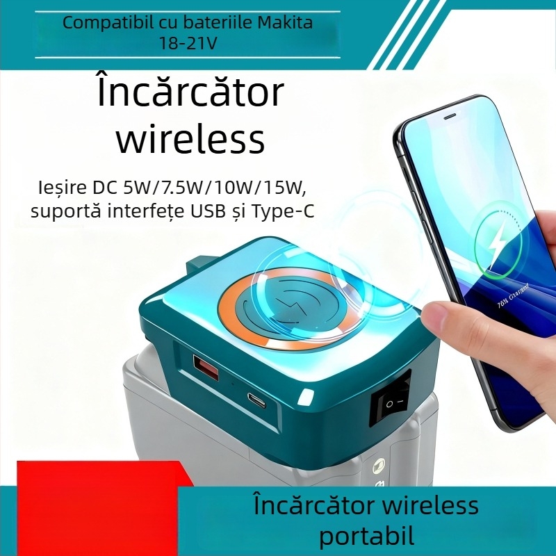 Încărcător wireless pentru telefoane cu USB Type-C; compatibil cu bateriile Li-ion Makita, DeWalt, Milwaukee și Bosch; tensiune de intrare 15.5-24V; tip încărcător: alte încărcătoare