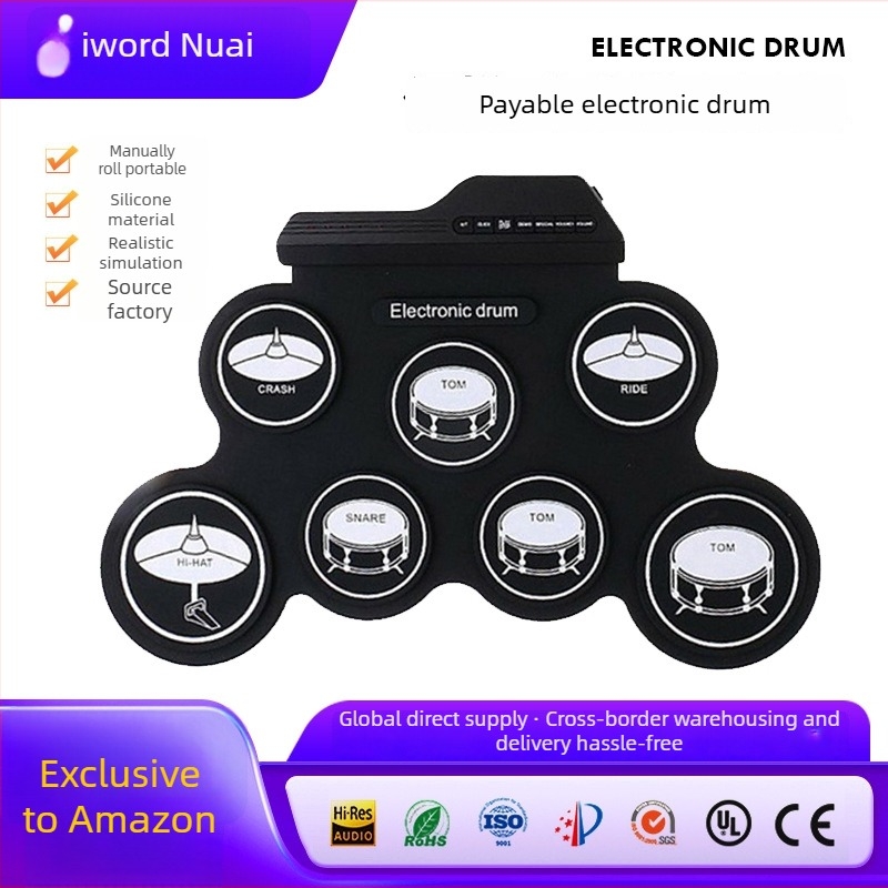 Tobe electronice G3002 – set portabil pliabil pentru masă cu 7 tobă, suprafață din silicon, placă electronică din cauciuc tradițional, timbru 128