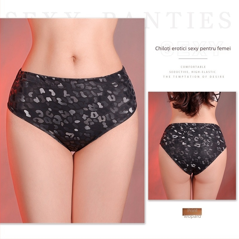 Slips sexy pentru femei, talie medie, imprimeu leopard și textură piele de șarpe, PU embossing