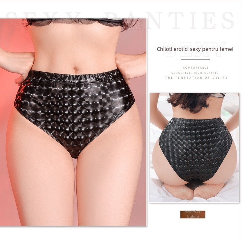 Slips sexy pentru femei, talie medie, imprimeu leopard și textură piele de șarpe, PU embossing