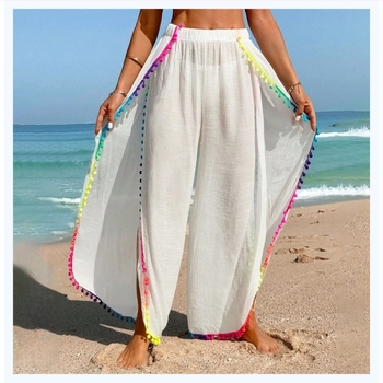 Pantaloni de plajă pentru femei cu protecție UV, croială lejeră, cusături cu ciucuri, țesătură Bamboo Cotton, 60% bumbac, căptușeală 40% poliester, 194 g, pentru înot și sporturi acvatice