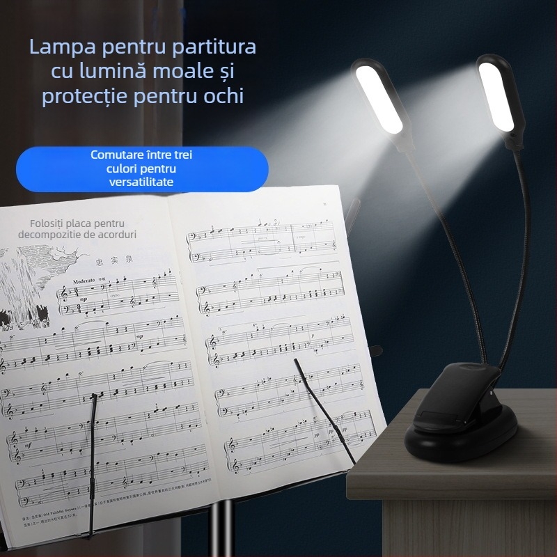 Lumină LED pentru suport de partitii, reîncărcabilă, clip-on USB, reglabilă, pentru exersarea pianului
