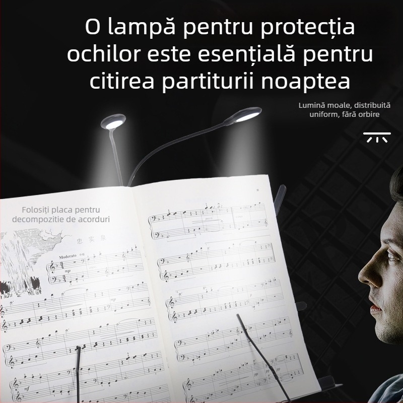 Lumină LED pentru suport de partitii, reîncărcabilă, clip-on USB, reglabilă, pentru exersarea pianului
