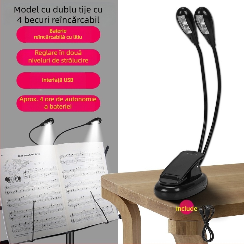 Lumină LED pentru suport de partitii, reîncărcabilă, clip-on USB, reglabilă, pentru exersarea pianului