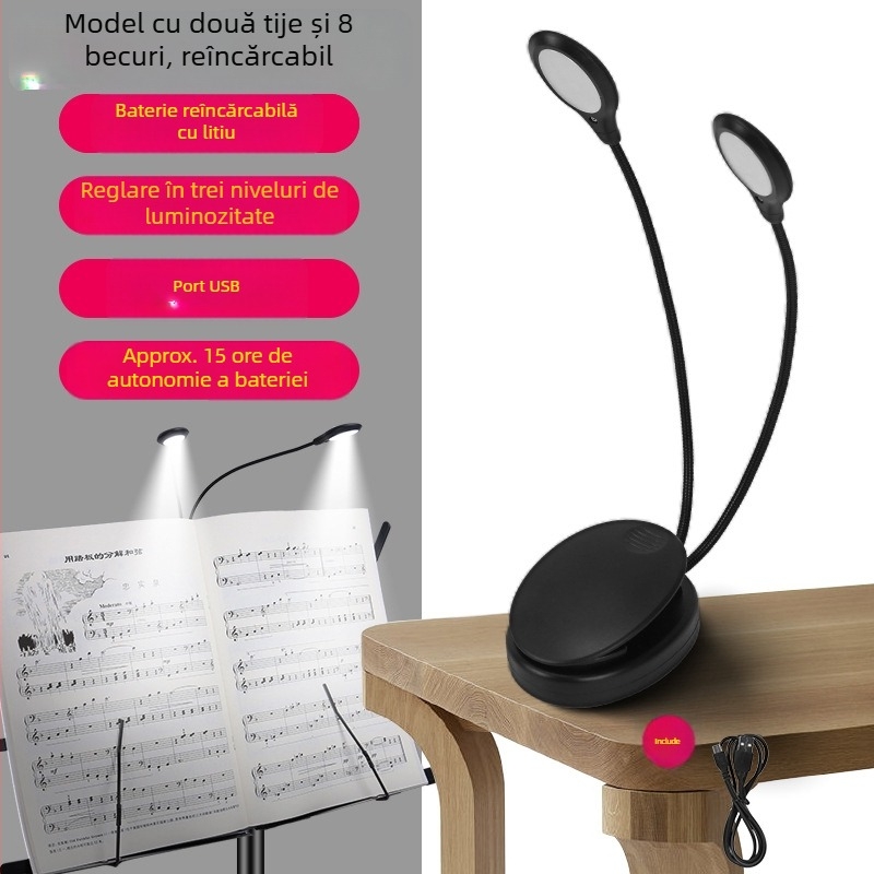 Lumină LED pentru suport de partitii, reîncărcabilă, clip-on USB, reglabilă, pentru exersarea pianului