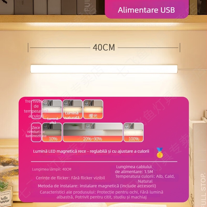 Lampa LED pentru birou cu protecție a ochilor – alimentare USB, 5V, atașare magnetică, abajur PC+ABS, lumină ambientală