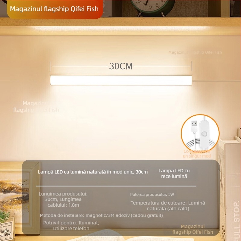 Lampa LED pentru birou cu protecție a ochilor – alimentare USB, 5V, atașare magnetică, abajur PC+ABS, lumină ambientală