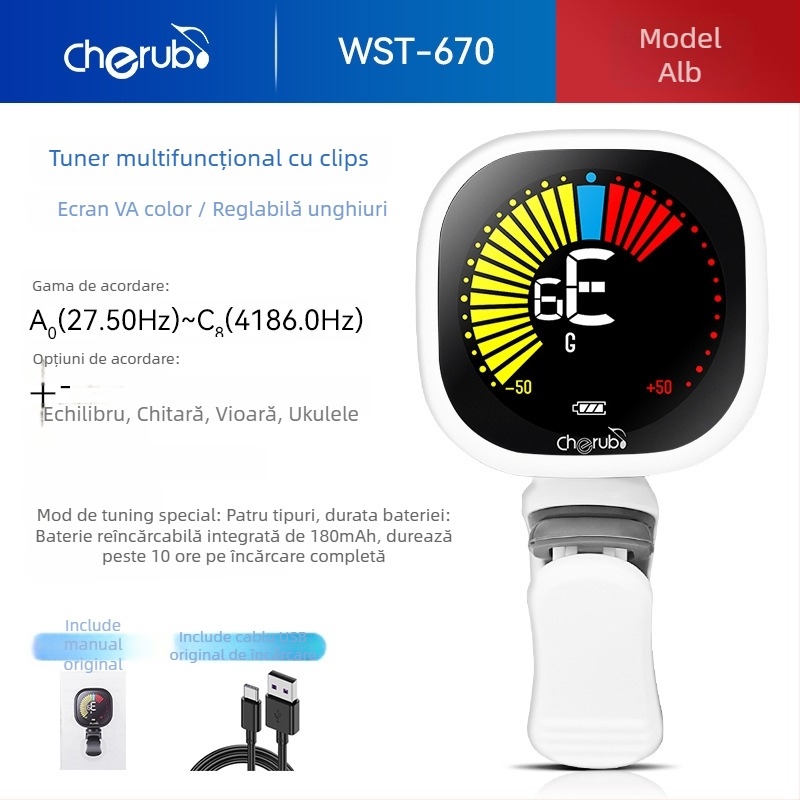 Tuner pentru chitară, ukulele și vioară – WST-670, reîncărcabil, tuner digital automat