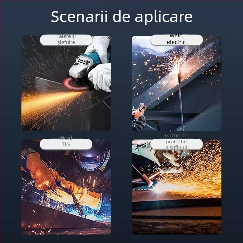 Casca de sudură cu lentile automate de închidere, purtată pe cap, acționare pneumatică, alimentare cu aer cald și radiație infraroșie îndepărtată