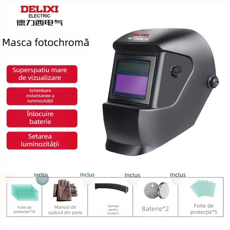 Casca de sudură cu lentile automate de închidere, purtată pe cap, acționare pneumatică, alimentare cu aer cald și radiație infraroșie îndepărtată