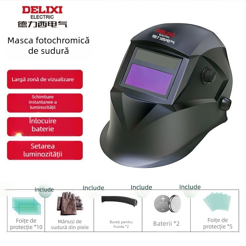 Casca de sudură cu lentile automate de închidere, purtată pe cap, acționare pneumatică, alimentare cu aer cald și radiație infraroșie îndepărtată