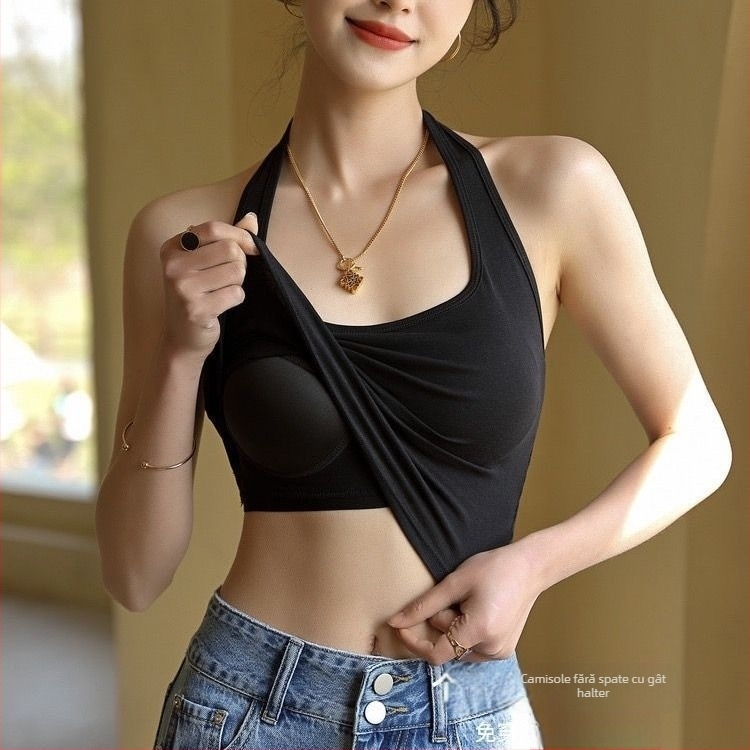 Top halter cu bureți, nailon respirabil, cupă completă, cupă modelată subțire